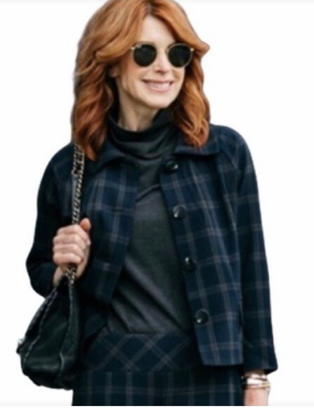 Cabi Connery Women's Navy Plaid 3/4 Sleeve Croppqçed Jacket Large